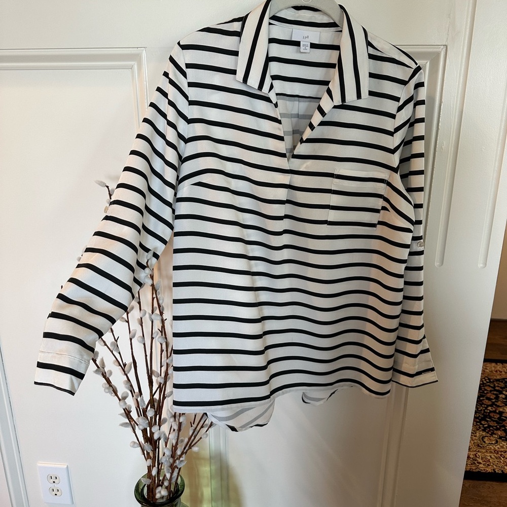 J.Jill hi-lo popover, roll-tab sleeve, white, navy stripes